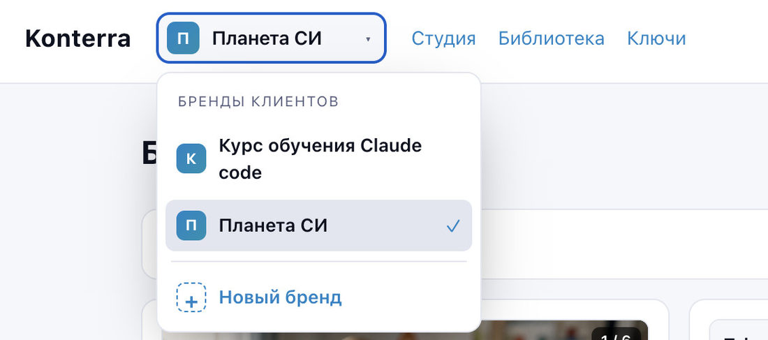 Переключатель наверху меняет бренд целиком: свой слепок, своя библиотека, своя полка